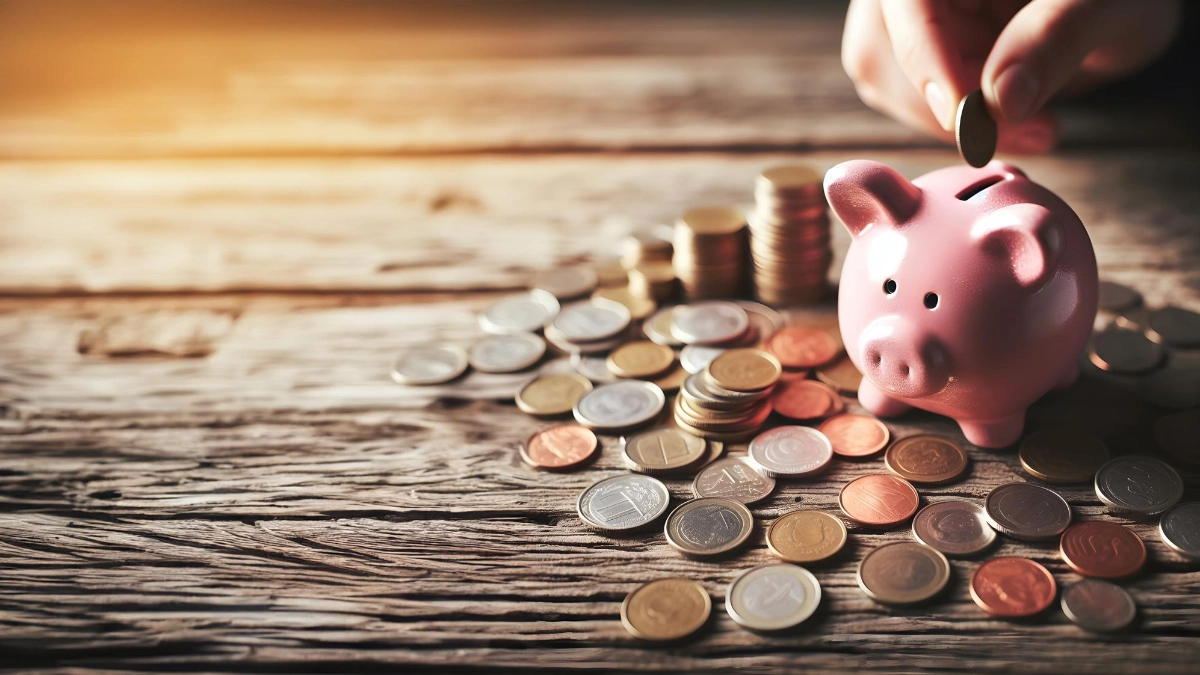 A piggybank surrounded by coins